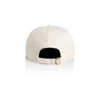 Back view of a plain white baseball cap with an adjustable strap and metal buckle.