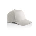 A plain white baseball cap on a white background with a faint shadow.