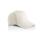 A plain, light beige baseball cap on a white background with a slight shadow underneath.