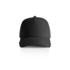 Front view of a plain black baseball cap on a white background.