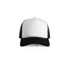 Front view of a white and black trucker cap on a white background.