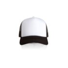 White and black trucker hat with mesh back, displayed on a white background.