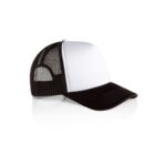 Black and white mesh trucker hat on a white background with a slight reflection.