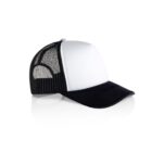 Black and white trucker hat with mesh back, shown on a white background.