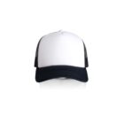 White and black trucker hat with a mesh back, shown from the front on a white background.