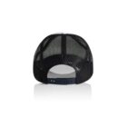 Black mesh trucker hat shown from the back with an adjustable snap closure.