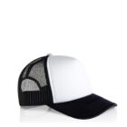 Black and white mesh trucker hat with a curved brim, viewed from the side.