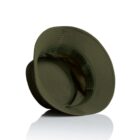 Olive green bucket hat shown from the inside against a white background with reflection.
