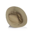 A beige bucket hat shown from the top, displaying the inside lining and stitching.