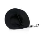 A black wide-brim hat with an adjustable chin strap, viewed from above.