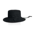Black bucket hat with a wide brim and adjustable chin strap on a white background.