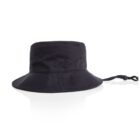Black bucket hat with chin strap, displayed on a white background.