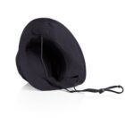 Black wide-brimmed hat with chin strap and adjustable drawstring on a white background.