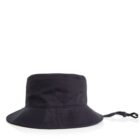 Black bucket hat with a drawstring cord, shown on a white background.