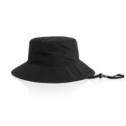Black bucket hat with a chin strap, displayed on a white background.