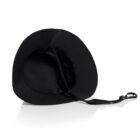 Black wide-brimmed hat with a chin strap, shown resting on a white surface.