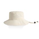Beige bucket hat with chin strap on a white background.