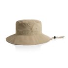 Beige bucket hat with a wide brim and adjustable chin strap, viewed from the side.