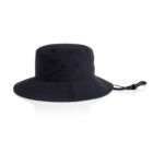 Black bucket hat with adjustable chin strap on a white background.
