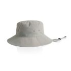 Light gray bucket hat with chin strap on a white background.