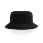 A plain black bucket hat on a white background.