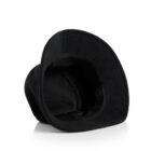 A black bucket hat viewed from the bottom, showing the inside and brim.