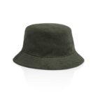 Dark green bucket hat with a wide brim on a white background.