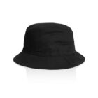 Black bucket hat with a wide brim on a white background.