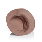 Brown bucket hat viewed from above, showing the inside and stitching details.