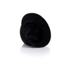 A black bucket hat lying on its side against a white background.