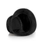 Inside view of a black bucket hat on a white background.