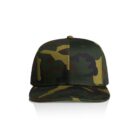 Front view of a green and brown camouflage baseball cap on a white background.