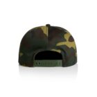 Back view of a green camouflage snapback hat on a white background.