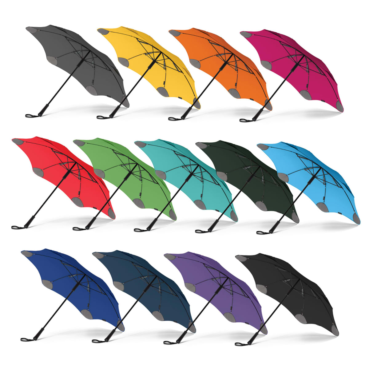 Twelve open umbrellas in various colors arranged in three rows on a white background.