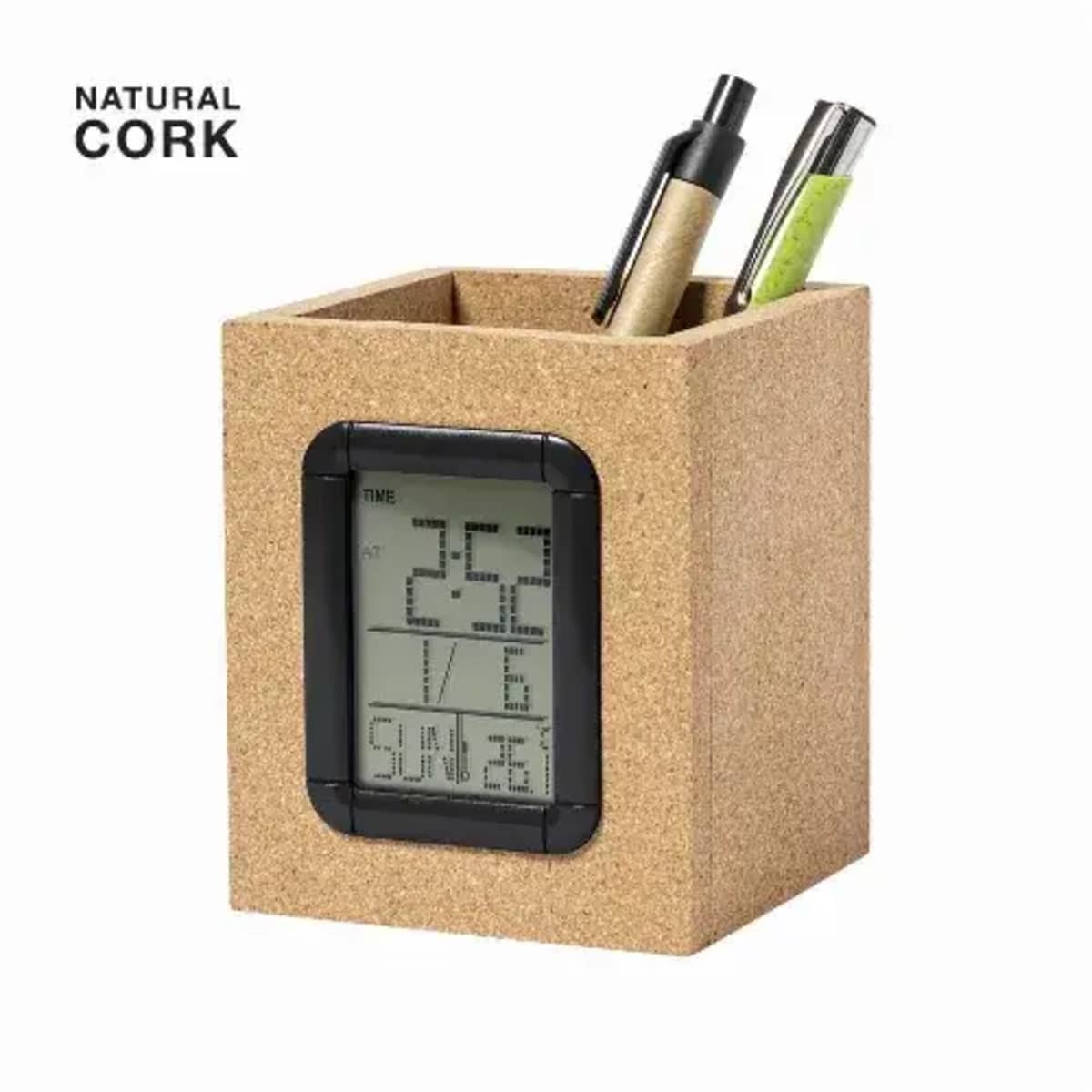 A cork pen holder with a digital clock and two pens inside.
