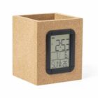 A cork pen holder with a digital clock and calendar display on one side.