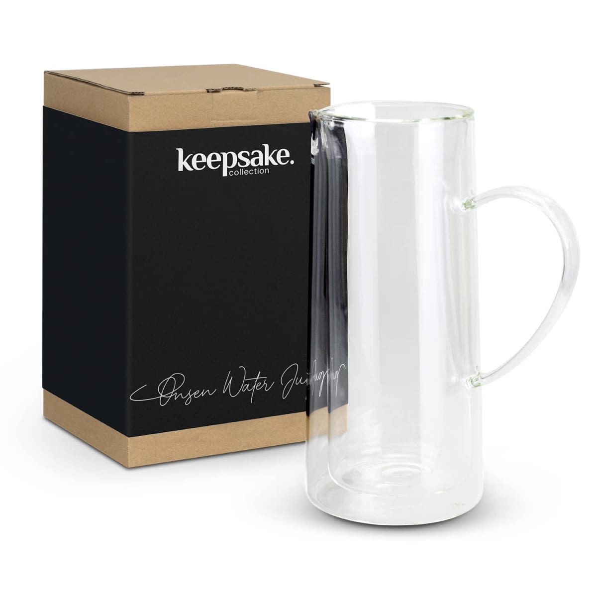 Clear glass pitcher with handle beside a black and brown keepsake branded box.