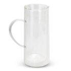Clear glass pitcher with a handle, empty and standing upright on a white background.