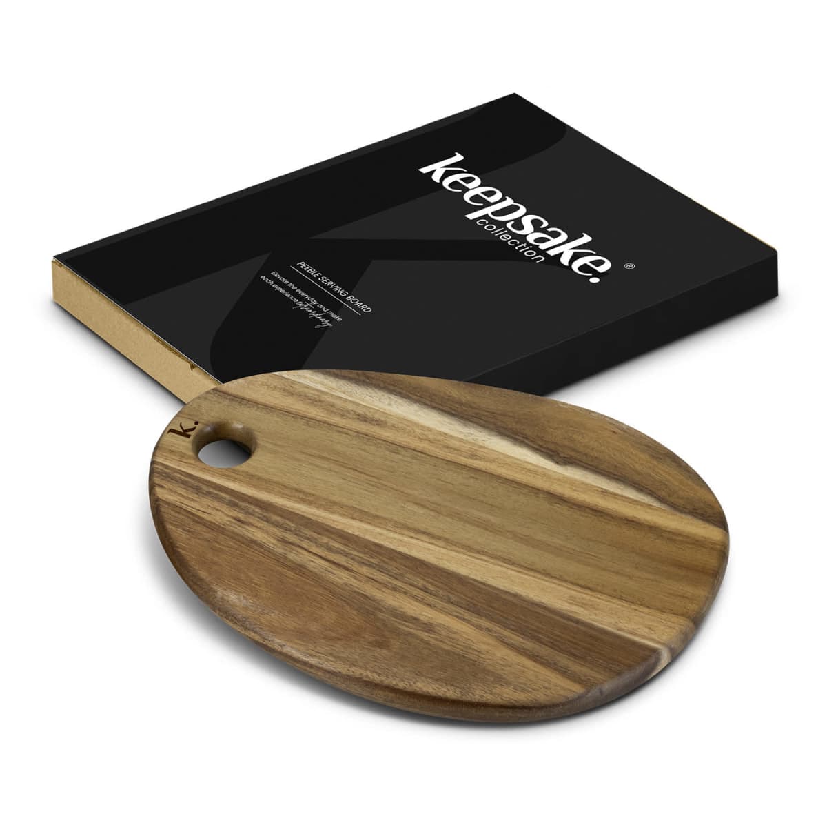 Wooden oval cutting board with a hole, next to a black Keepsake Collection box.