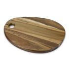 Oval wooden cutting board with a hole in one corner, featuring natural wood grain patterns.