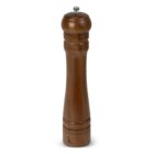 A wooden pepper grinder with a smooth, curved design standing upright.