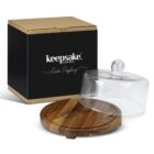 Black keepsake box with a glass cake dome and wooden cake stand displayed in front.