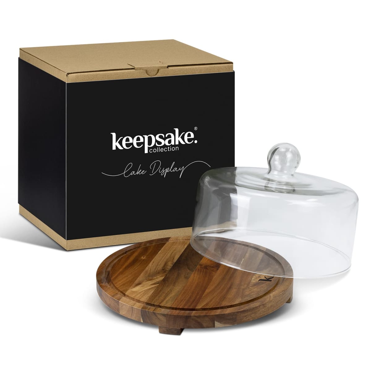 Black keepsake box with a glass cake dome and wooden cake stand displayed in front.