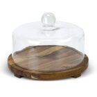 Wooden cake stand with a glass dome cover and a round handle on top.
