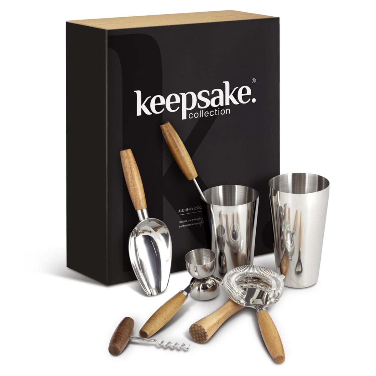 Bar tool set with wooden handles in front of a black Keepsake Collection box.