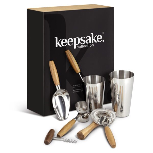 Bar tool set with wooden handles in front of a black Keepsake Collection box.