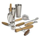 Bar tools set with wooden handles, including shaker, jigger, strainer, scoop, and opener.