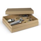 Brown box with stainless steel cocktail shaker set, lid partially open.