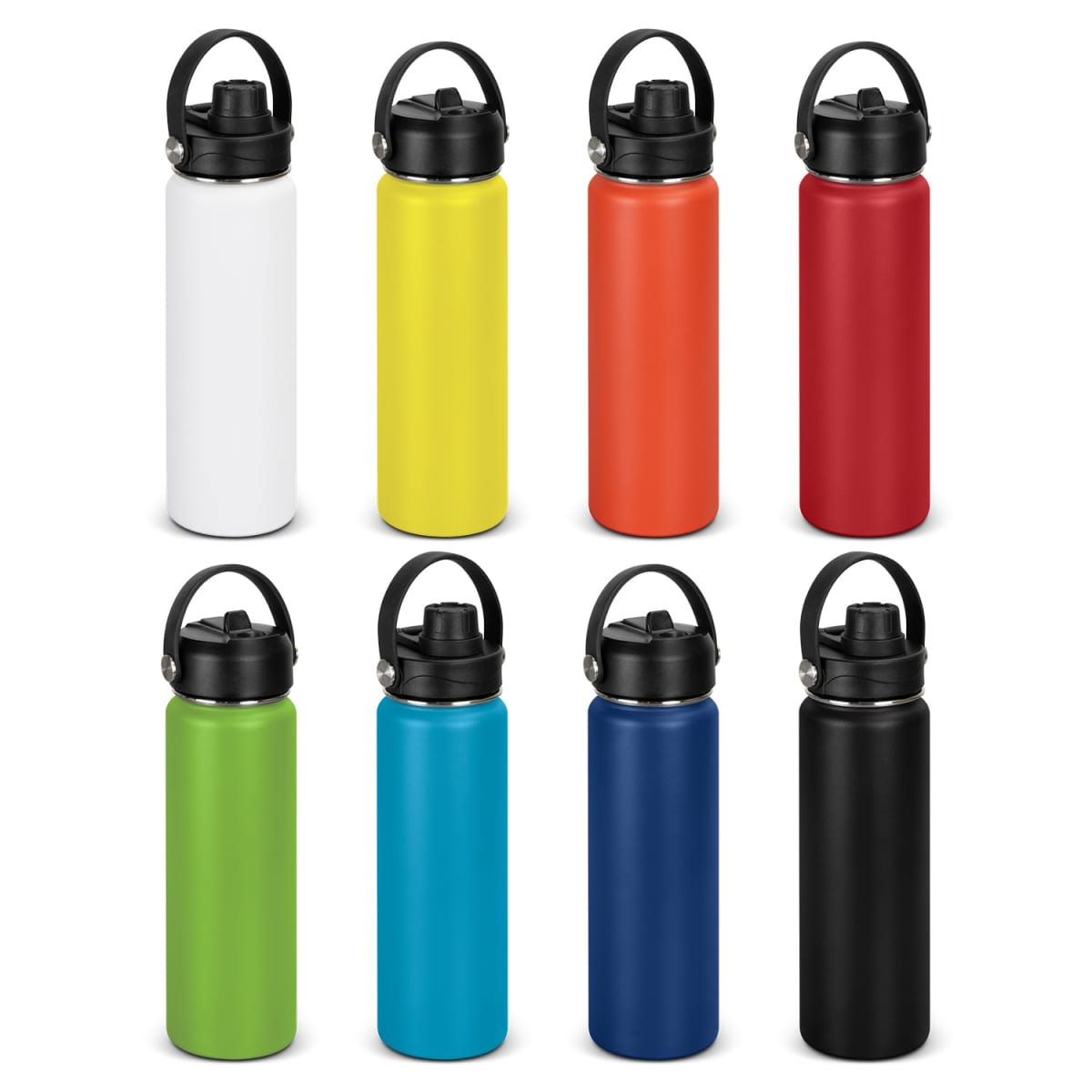 Eight colorful reusable water bottles with black caps arranged in two rows on a white background.