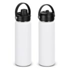 Two white water bottles with black flip-top lids and carrying handles, standing upright.